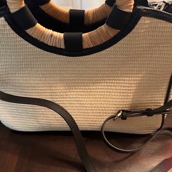 Karl Lagerfeld  Beige and Black Floral Accent Straw Crossbody Tote - Picture 2 of 8